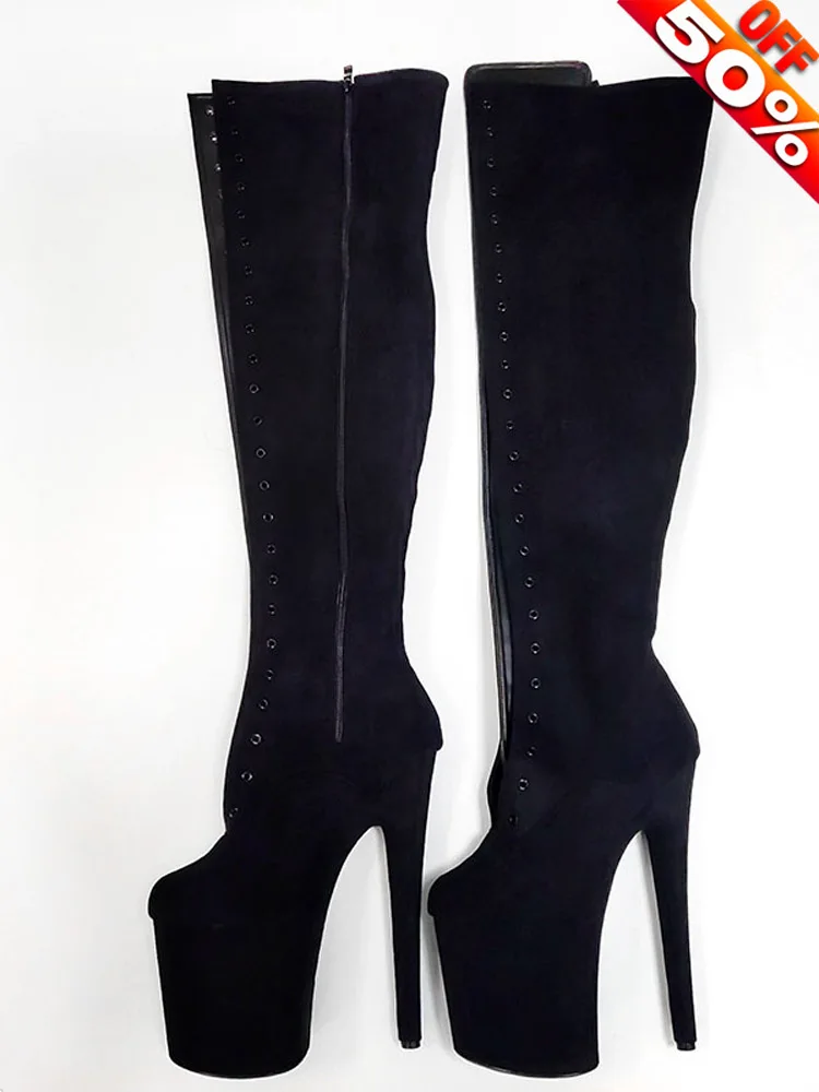 Exotic 20cm Flock Lace Up Platform Over The Knee Boots Nightclub Sexy Fetish Shoes 8Incehs Women Pole Dance Stripper Gothic Mode