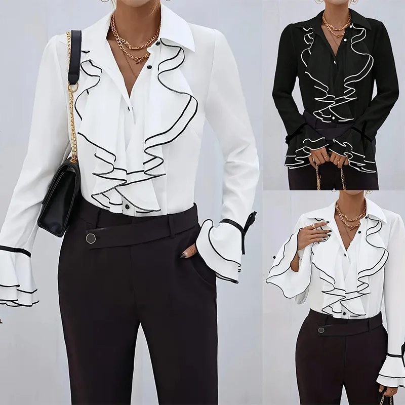 แฟชั่น Ruffled Splicing เสื้อผู้หญิงเสื้อแขนยาว Office Lady สีดําเปิดลงปกเสื้อลําลอง Blusas