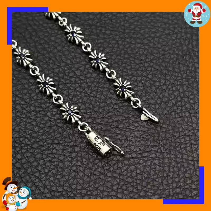 Retro Silver Cross Flower with Diamond Bracelet Bracelet Men and Women Unpopular American Classic Couple