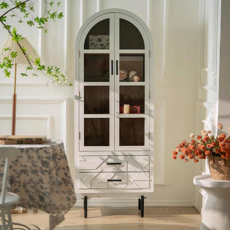 

French arched white bookcase with glass door Solid wood retro bookshelf Floor to wall Living room storage display cabinet