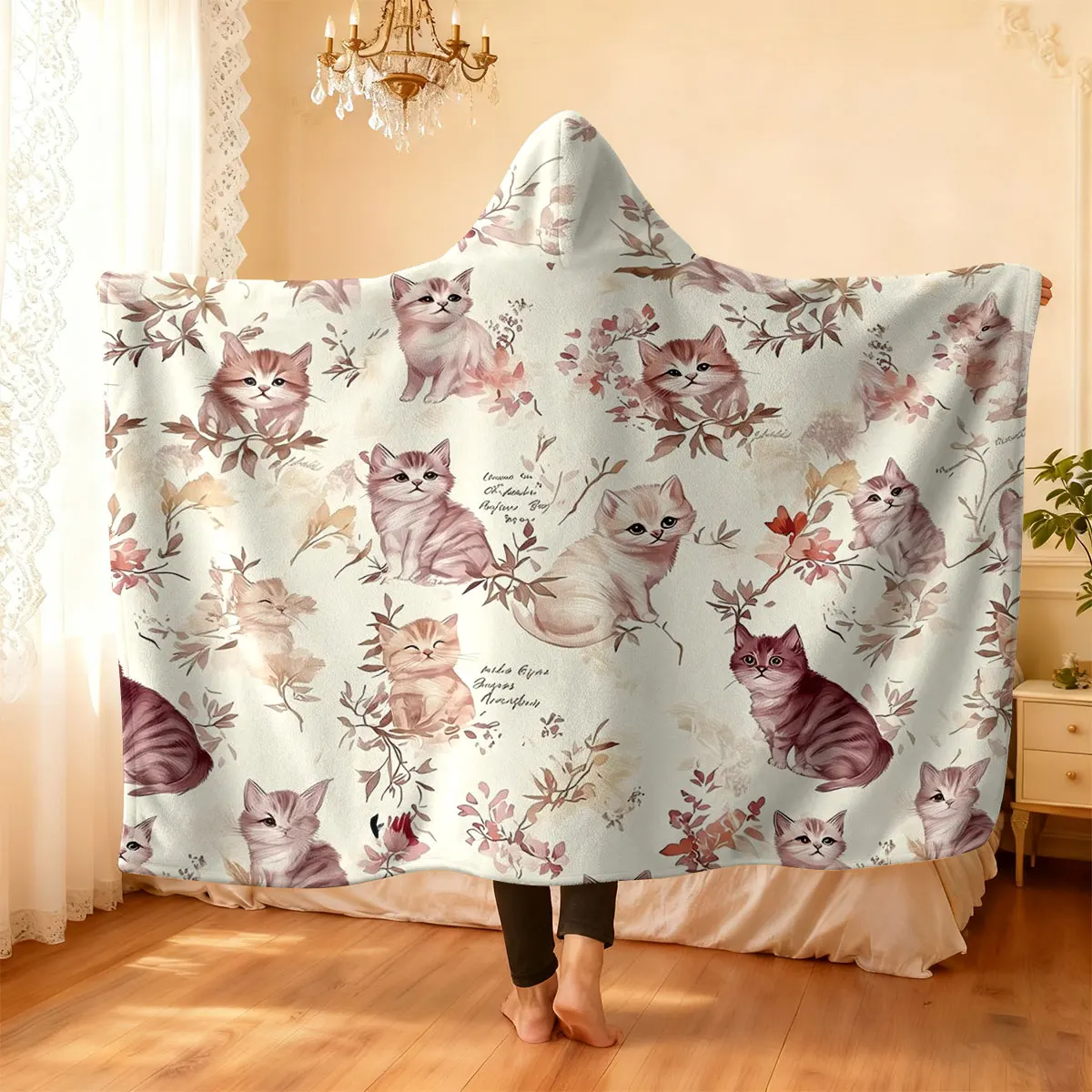 1pc watercolor cute and adorable cat and flower pattern flannel hoodie wearable cape blanket multiple sizes