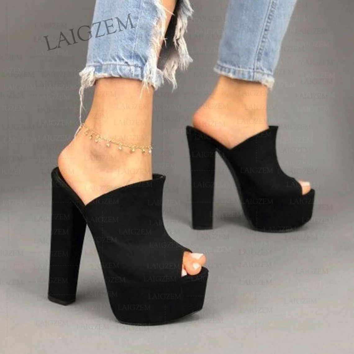 ZHIMA Women Platform Mules Slip On Peep Toe Thick High Heels Sandals Pumps Faux Suede Party Shoes Woman Big Size 39 45 48 52