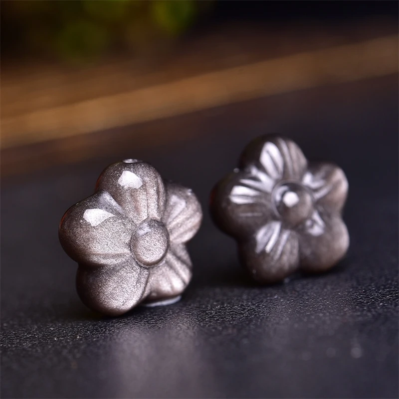 5PCS Natural Silver Obsidian Small Flower Carving Pendant Healing Gemstone Figurine Gift Fashion Jewelry For Women Gift 16X18MM