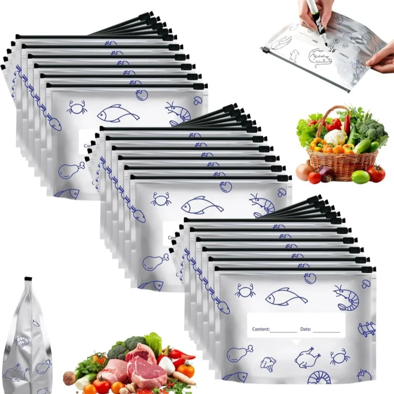 10Pcs/Bag Kitchen Aluminum Foil Fresh Bag Freezer Stand Up Zip Lock Bag Large Capacity Reusable Food Organizer Bags