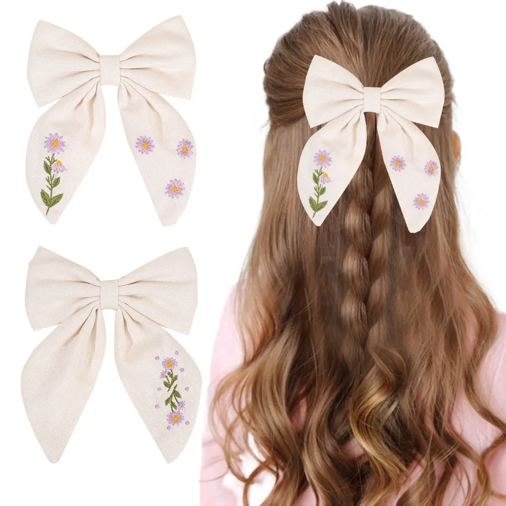 

30pcs Fable Bow Hair Clips for Babies Girls Linen Cotton Floral Embroidered Barrettes Baby Bow Hairpins Hair Accessories Bulk