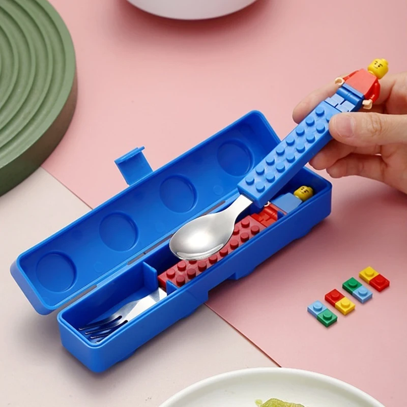 Children Building Block Fork Spoon Set With Storage Box Children Stainless Steel Tableware Jigsaw Toys Utensils Children Gifts