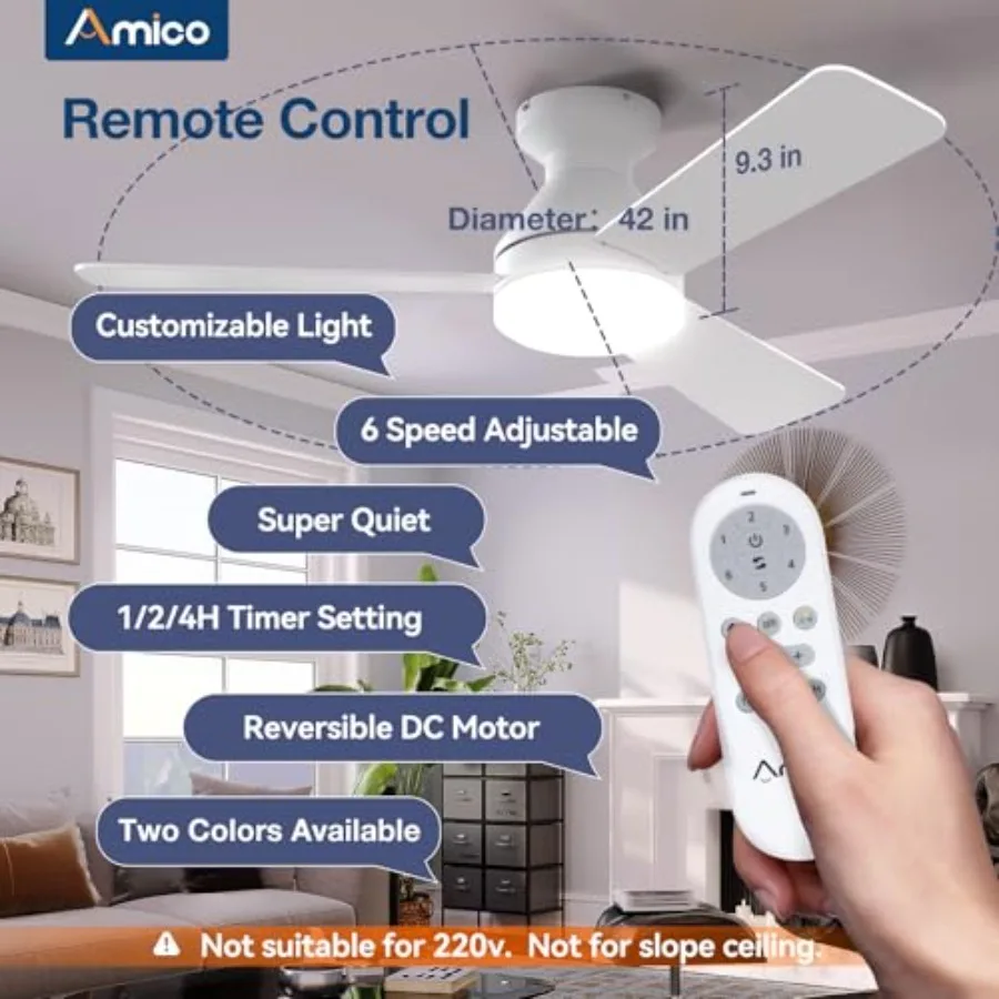 Ceilg Fans with Lights, Low Profile Ceiling Fan with Light and Remote Control, Flush Mount, Reversible, 3CCT, Dimmable, Noisele