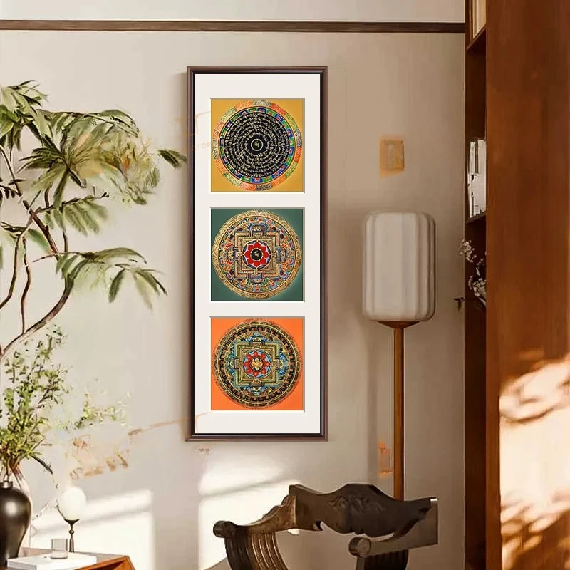 New Chinese-style Thangka palace grid cardboard decorative painting entrance Kalachakra Heart Sutra Mandala hanging painting