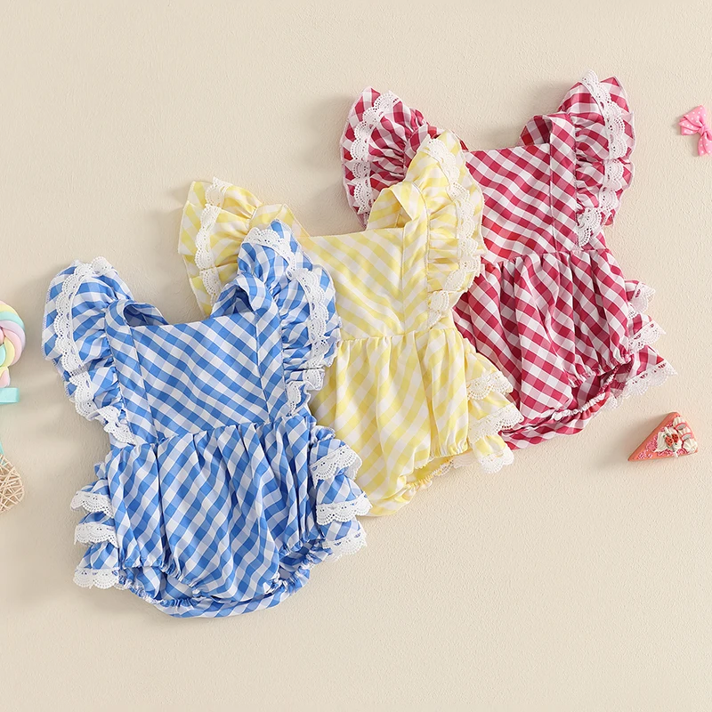 3-18M Baby Girls Summer Rompers Square Neck Ruffled Flying Sleeves Lace Trim Plaid Pattern Fashion Comfortable Jumpsuit