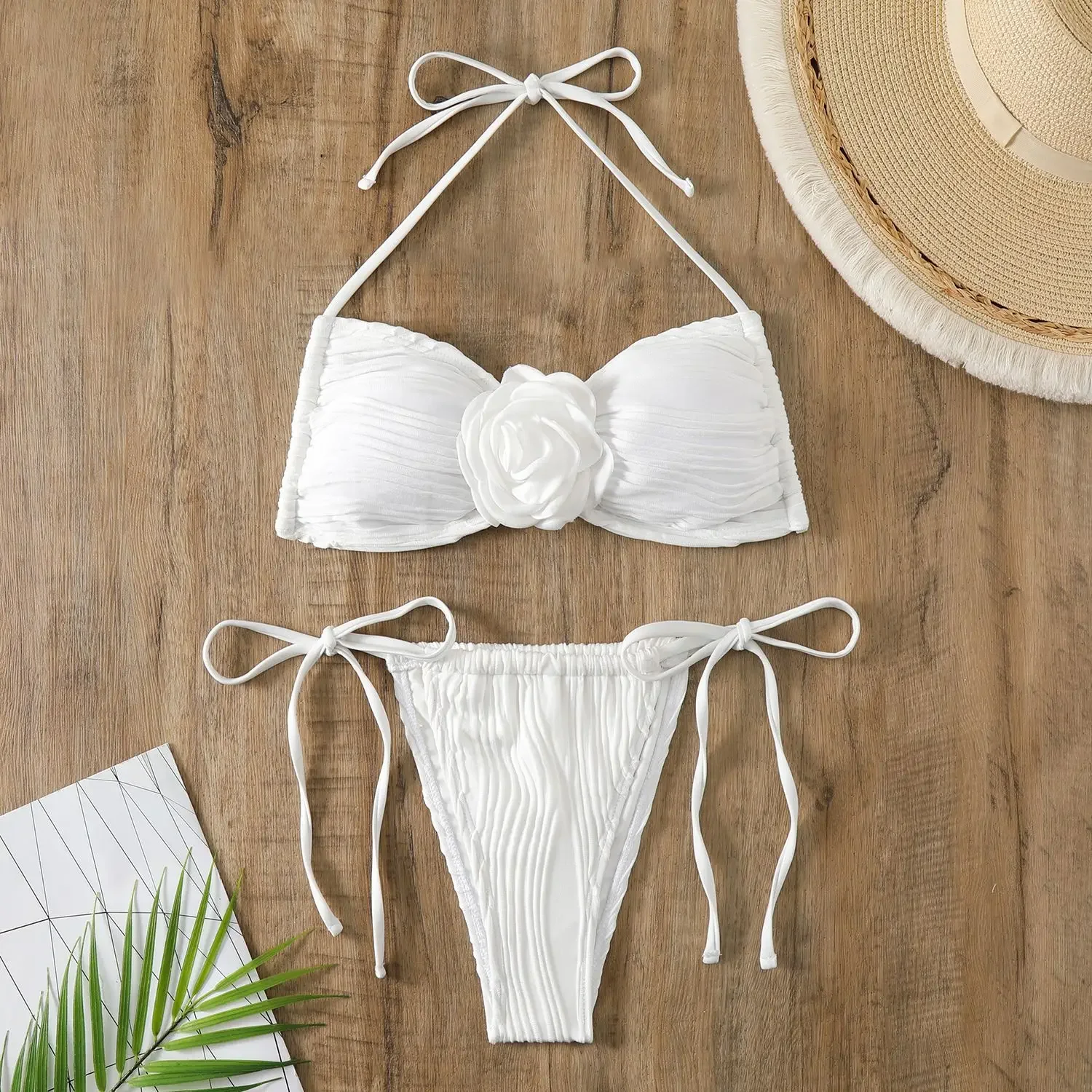 

Белые стринги бикини 2025 бразильский бандо бикини 3D цветок стринги купальник женский купальный костюм женская летняя пляжная одежда черный