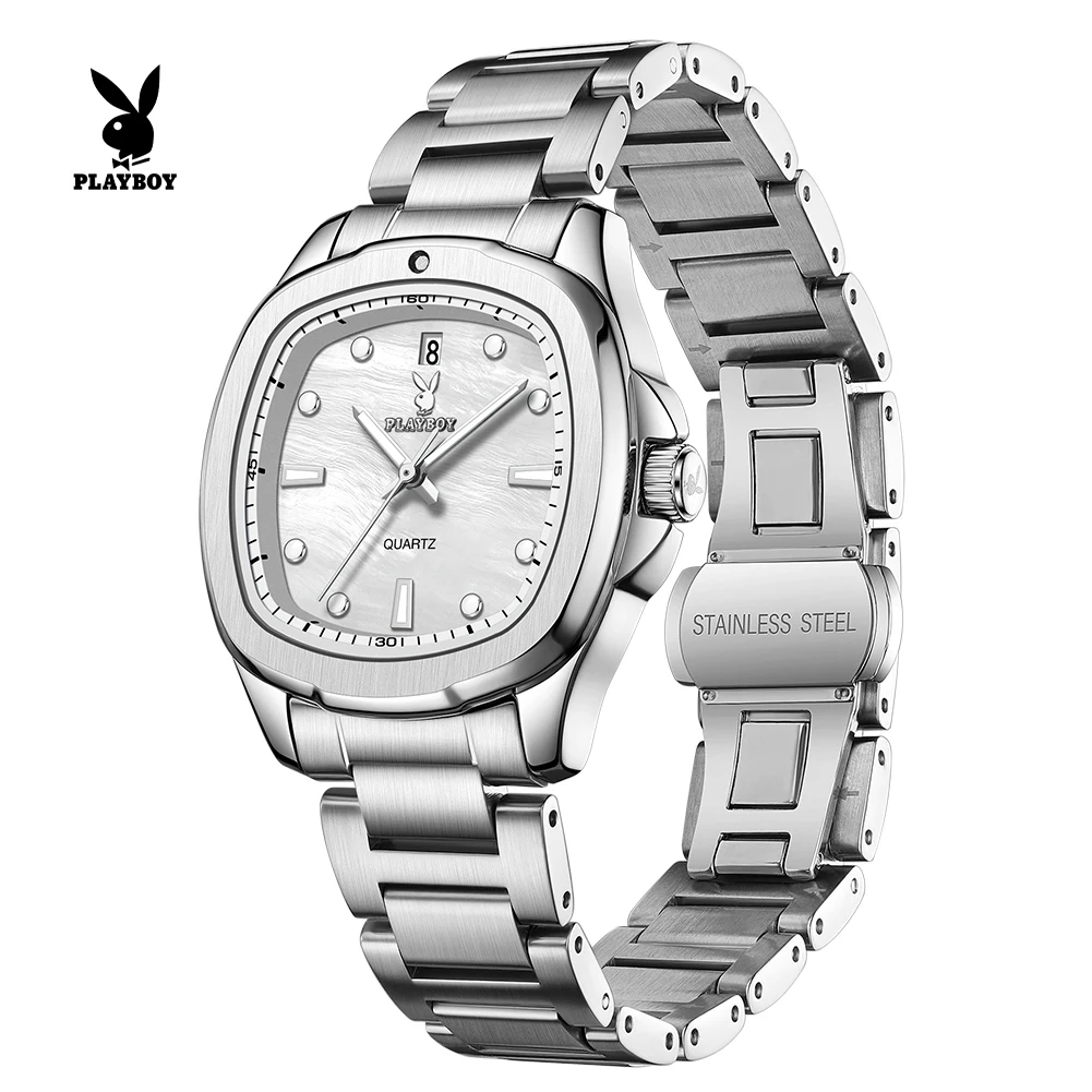 PLAYBOY 3529 Brand Original Authentic Stainless Steel Strap Square Dial Calendar Function Elegant Woman Quartz Watch