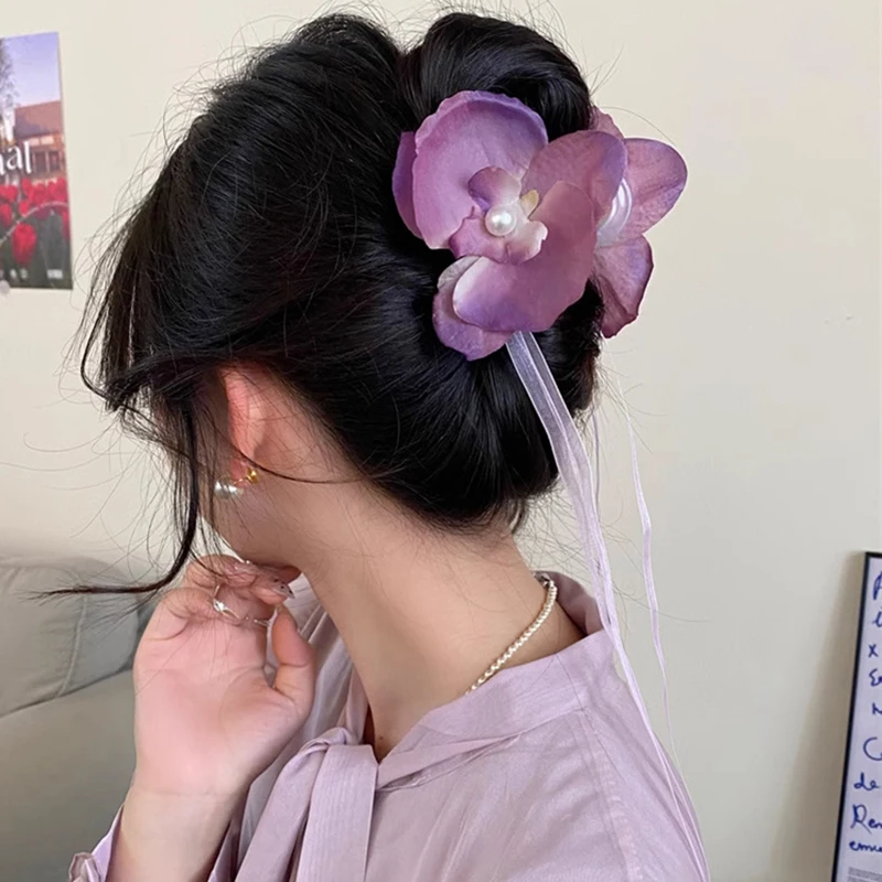 Retro Phalaenopsis Flower Hair Claw Women Gentle Temperament Hair Accessory on Back Head Hair Curler Holder Grab Clip