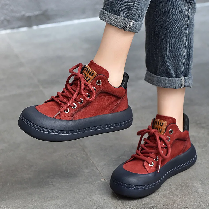 GKTINOO Thick Heel Boots High Top Sneakers Women Genuine Leather Flat Platform Round Toe Shoes Lace Up Soft Soles Short Boots