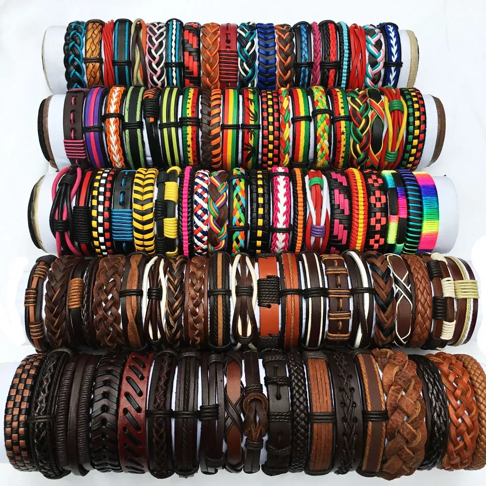 50PCS/set Wholesale Lots Bulk Random Punk Men\'s Leather Bracelets Femme Pulseras Bileklik Couple Bracelet Men Jewelry WP2