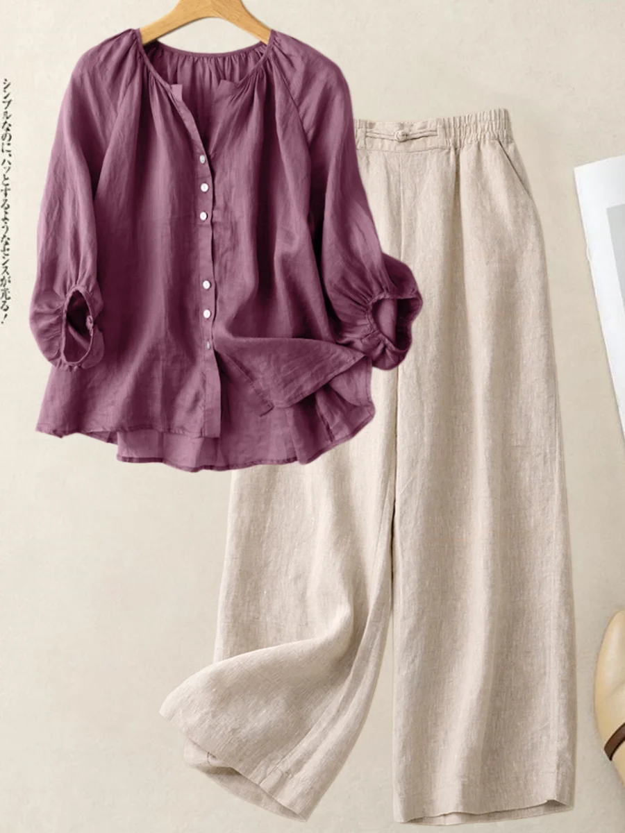 Linen Pant Wide - Elegancki lniano-bawełniany komplet damski na lato: