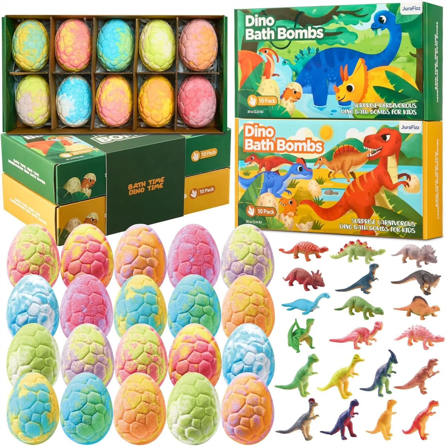 Dinosaur Bath Bombs for Kids with Surprise Inside, 20 Pack Natural Dino Egg Bath Bombs with Exclusive Dinosaur Toys, Easter