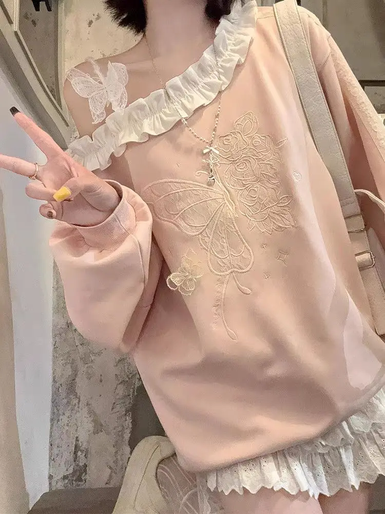 

Off Shoulder Sweatshirt Ruffle Collar Lace Loose Soft Daily Wear Sweater Pullover Outfit 2025 Winter Fashion Female Fashion New