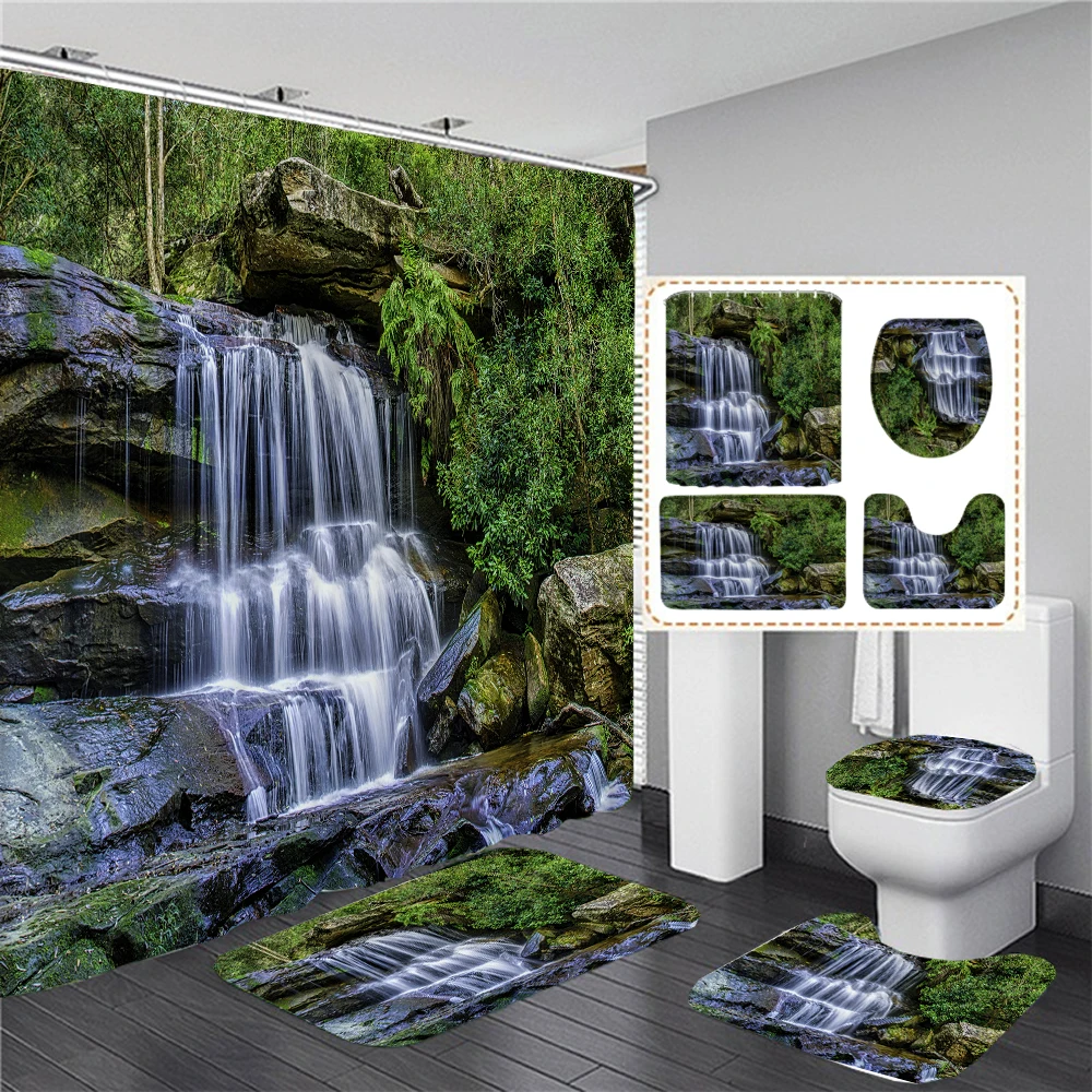 Waterfall Forest Shower Curtains Fabric Bathroom Set Landscape 3d Bath Curtain Anti-skid Rug Toilet Lid Cover Mat Home Decor