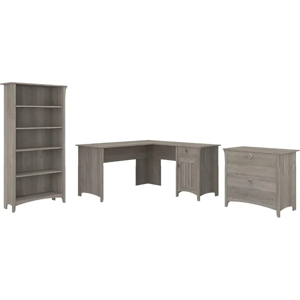 

Bush Furniture Salinas 60W L Shaped Desk with Lateral File Cabinet and 5 Shelf Bookcase in Driftwood Gray