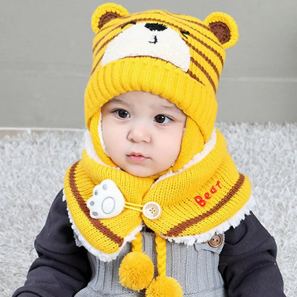 

Bear Unisex Hat Warm Baby 6M-34M Winter Kids Girls Boys Cartoon Stripe Knit Cap Woolen Yarn Scarf Earmuff keep Set for outdoor