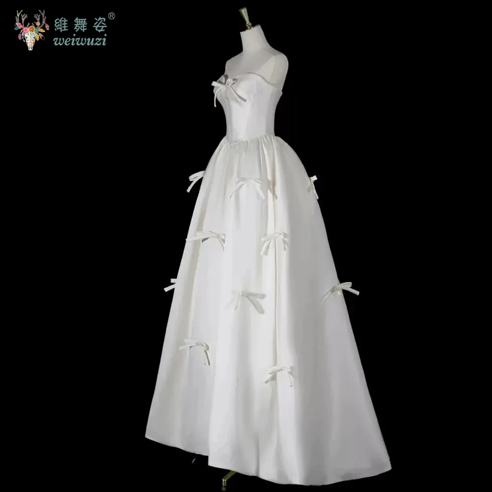 프랑스 스타일 새틴 a 라인 웨딩 드레스 간단한 Strapless 신부 약혼 드레스 Applique Bow Floor-Length Sweetheart 가운