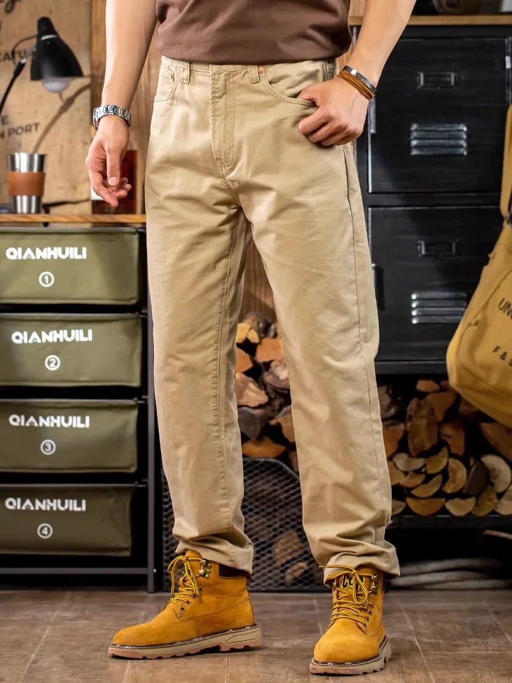 

Прямые повседневные брюки в американском стиле ретро, мужские джинсы цвета хаки из чистого хлопка, весна-лето, модная городская рабочая одежда