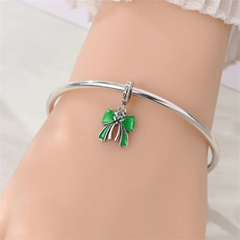 

Classic 925 Sterling Silver Green Lucky Bowknot Charms Beads CZ Zircon Dangle Fit Original Bracelet DIY For Women Jewelry Gifts