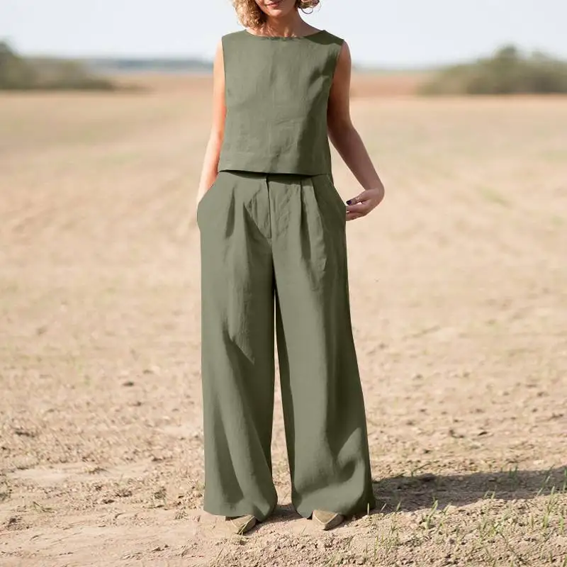 Top sin mangas a la moda + pantalones de pierna ancha, conjunto de dos piezas de Color sólido, conjunto de pantalones de camisa informal de verano para mujer 2025