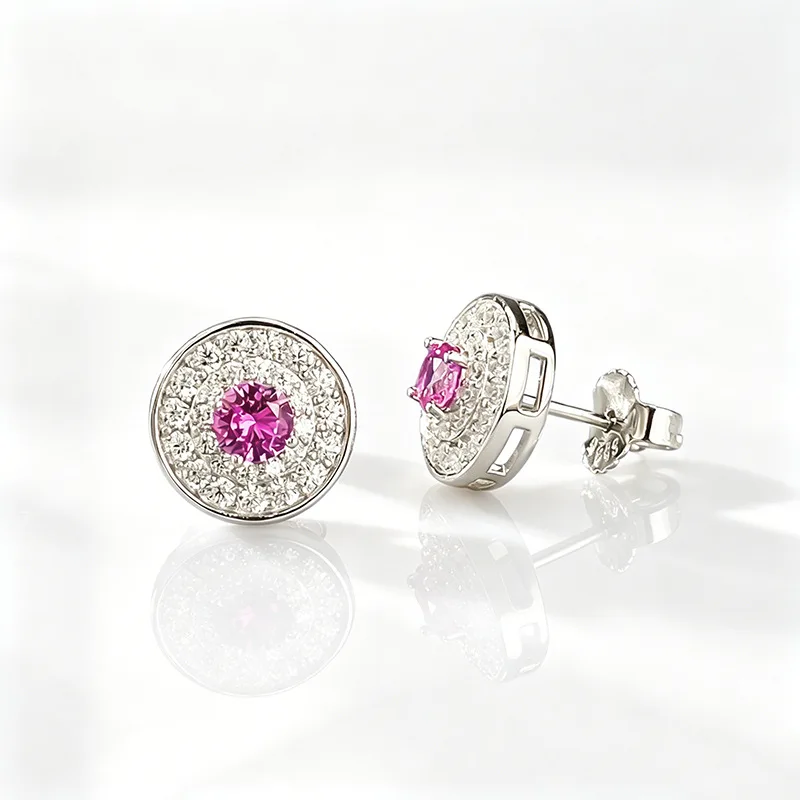 New S925 Silver Cherry Blossom Pink 4.0mm Zircon Double Surrounding Earrings Classic Round Jewelry