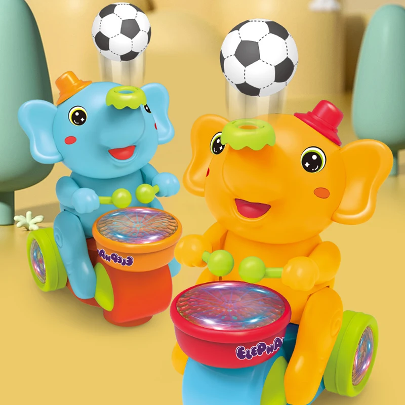 Pequeno elefante música luz tambor brinquedo para crianças, som elétrico, levitação sopro bola, carro de rastejamento multidirecional, bonito e pequeno