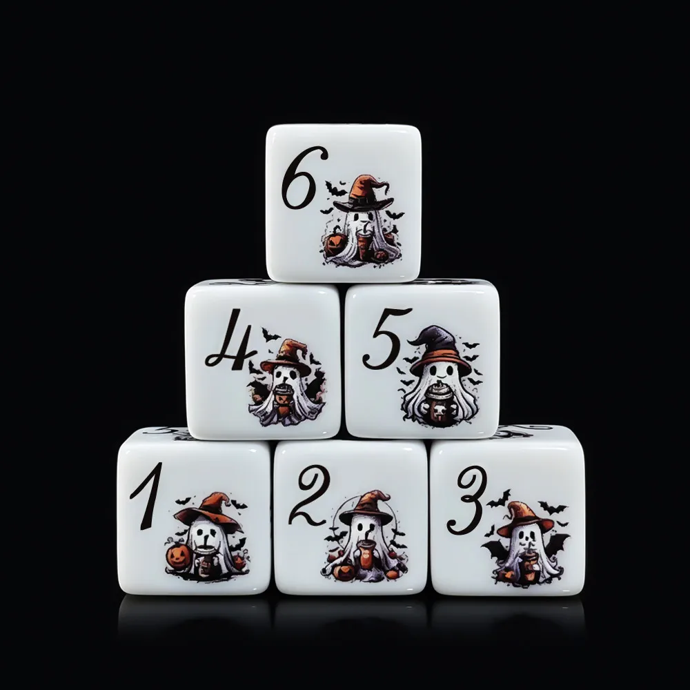 12Pcs 16MM D6 Printed Acrylic Halloween Witch Hat Ghost DND Dice 1-6 Sided Tabletop RPG Desktop Ornament Holiday Party Dice view 2