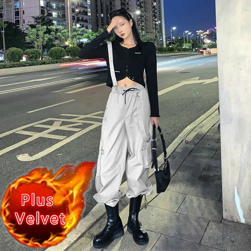 Jumpsuits for Women New Winter ThickeningBoyfriend Loose Pockets Adjusted Strap Drawstring Trousers Streetwear Hip-pop Chic