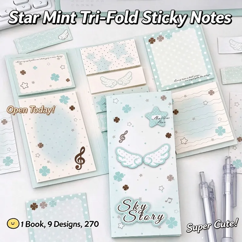 Star Mint Tri-Fold Sticky Notes 9 Designs 270 Sheets Kawaii Wing Clover Memo Cute Washi Sticker for Journaling School Stationery