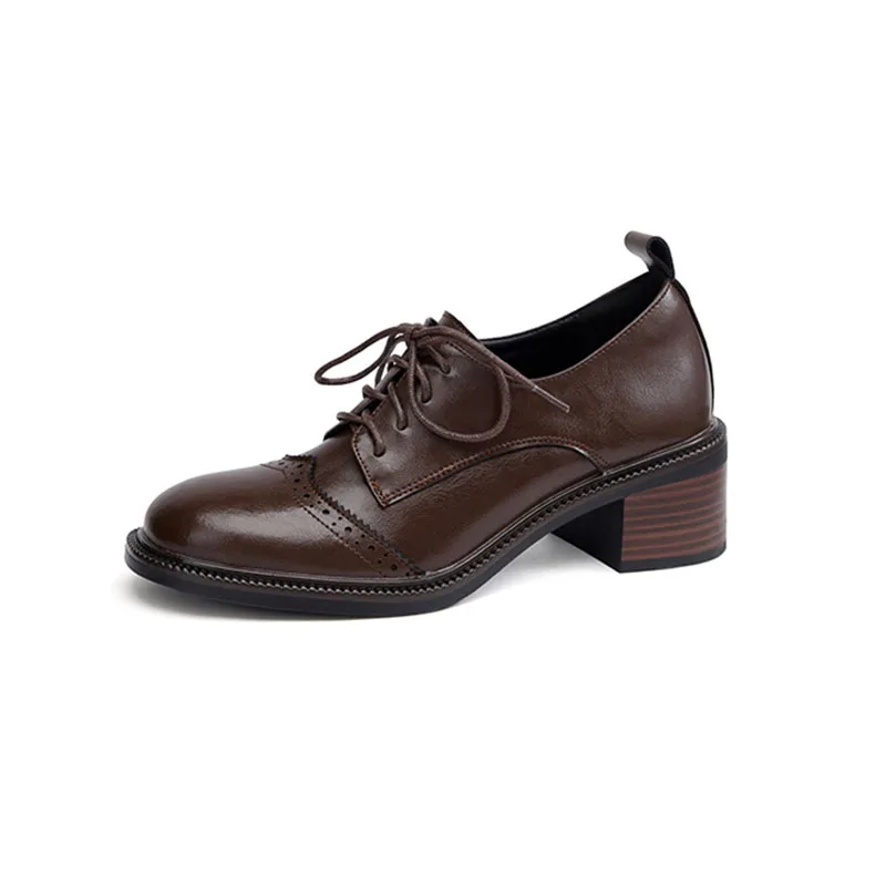 

Женские кожаные туфли на шнуровке с глубоким вырезом, офисные женские туфли-лодочки на среднем каблуке с круглым носком, большой размер 42, доступны Phoentin FT4230