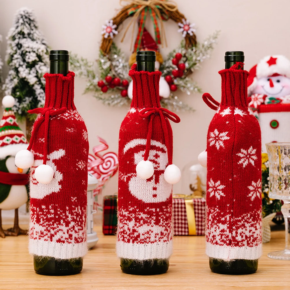 

3pcs Knitted Wine Bottle Covers Christmas Decoration Reindeer Snowman Elderly Design Party Home Bar Tool Reusable Holiday