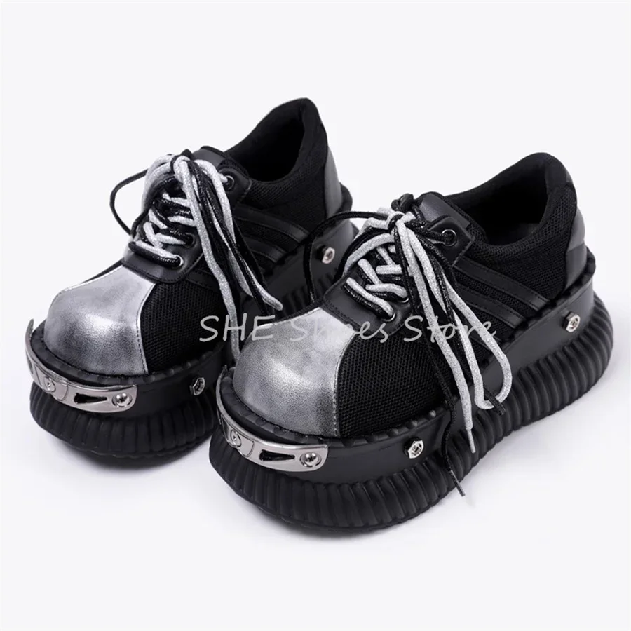 

Punk Rivet Metal Decor Big Head Women Leather Shoes Round Toe Chunky Bottom Lace-Up Loafers Y2K Sneakers Ladies Casual Shoes
