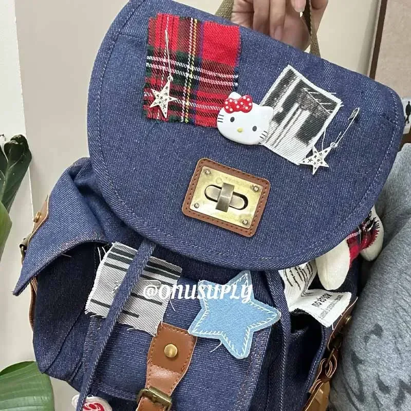 

Hello Kitty Multi Pocket Denim Backpack Cute Cartoon Anime Merchandise Large Capacity Creative Fashion Student Bag for Kids