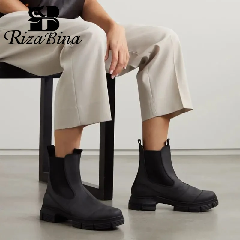 RIZABINA Fashion Women Chelsea Boots Round Toe Elastic Band Chunky Heel Short Boots Ladies Winter Warm Waterproof Casual Shoes