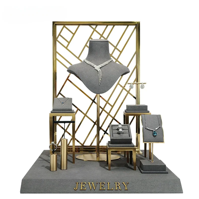 

Jewelry display props gray combination suit metal microfiber earrings display rack Necklace display rack neck