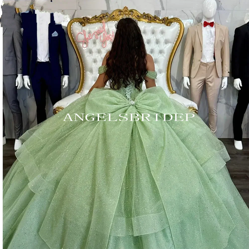 Angelsbridep مخصص بريق الكرة ثوب الحلو 15 سنة فساتين Quinceanera مع القوس حكيم الأخضر فستان حفلة رسمية للنساء