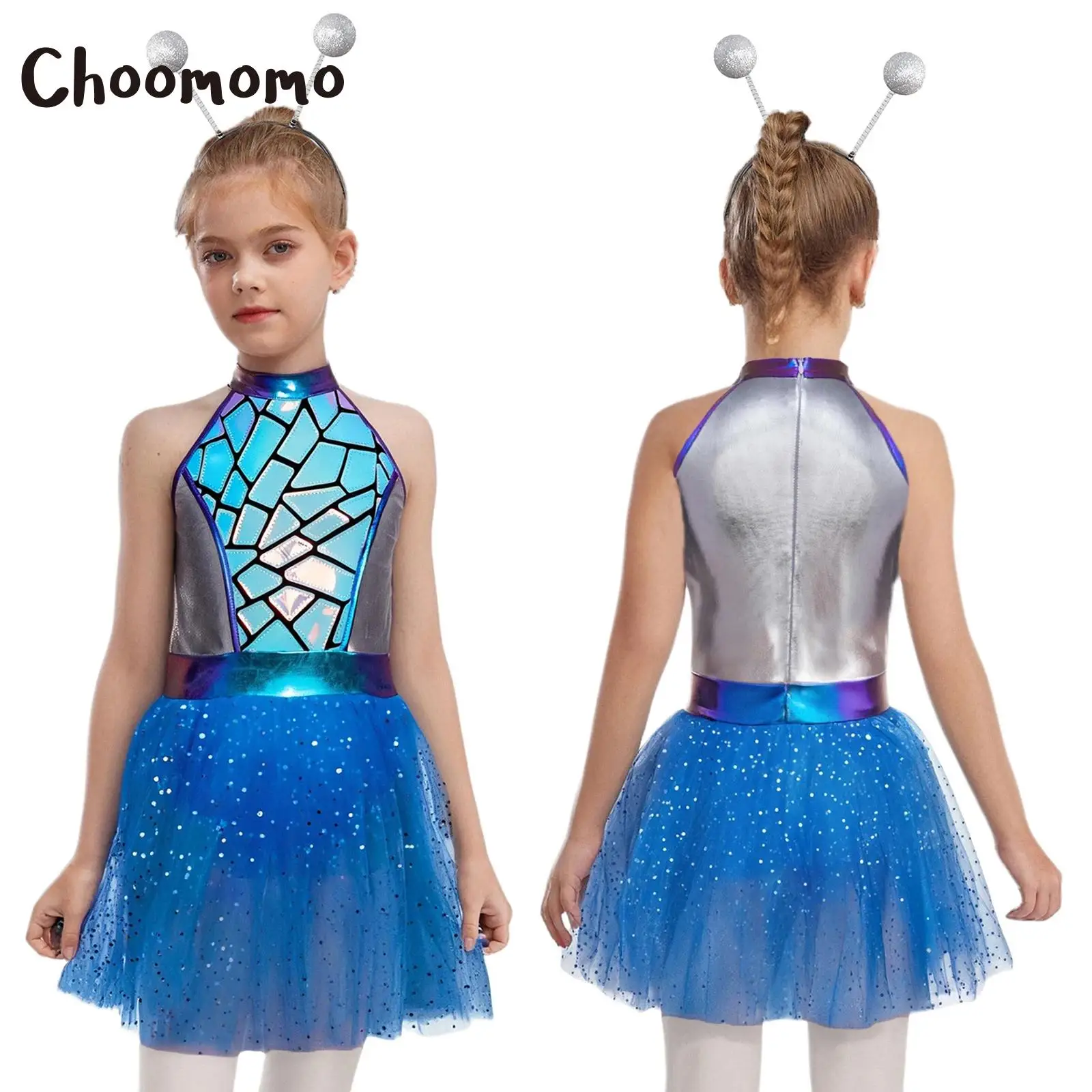 

Cute Girls Alien Outer Space Cosplay Costume Halloween Dress Sequin Adorned Shiny Metallic Halter Sleeveless Mesh Tutu Hair Hoop