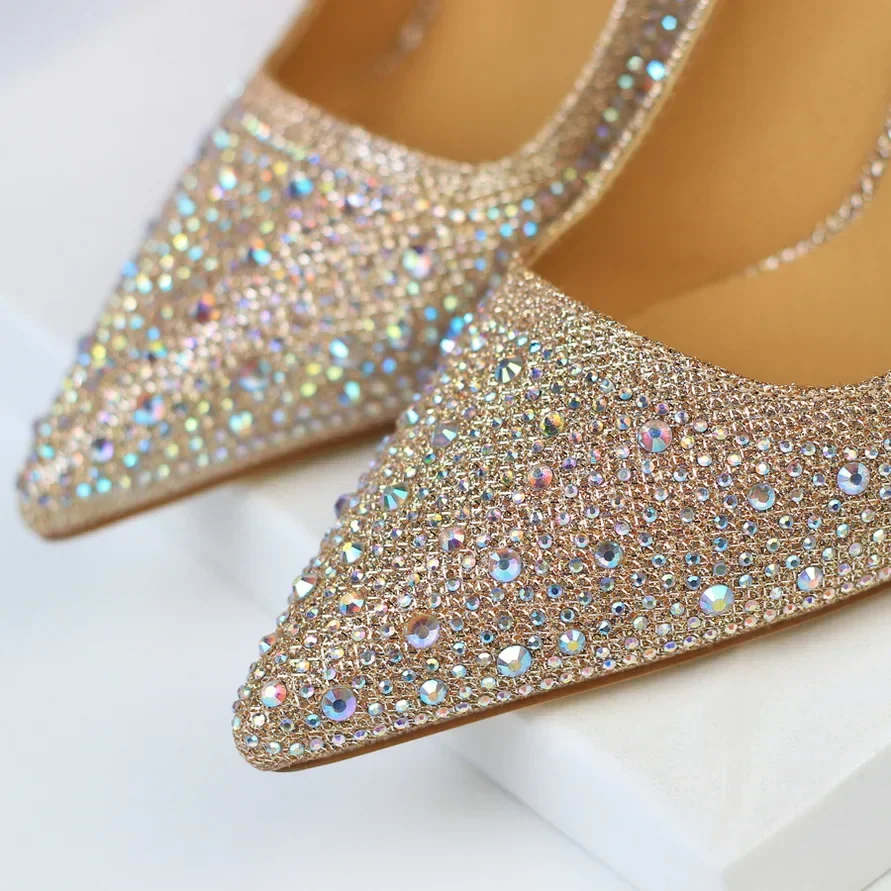 Women 10cm High Heels Stripper Bling Crystal Escarpins Pumps Lady Stiletto Wedding Bridal Fetish Rhinestone Gold Pink Prom Shoes