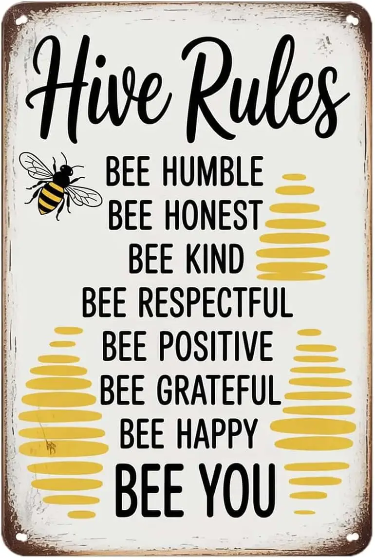 Honey Bee Hive Rules Tin Sign Inspirational Quote Rustic Vintage Metal Signs Wall Decor for Kitchen Bar Cafe Bedroom Home Patio
