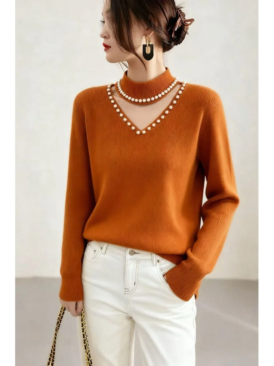 

Sli Knitted Sweater Women's Autumn Winter Inner Wear Nelace Design Casual Soft Bright Tead Long Sve round Ne Top