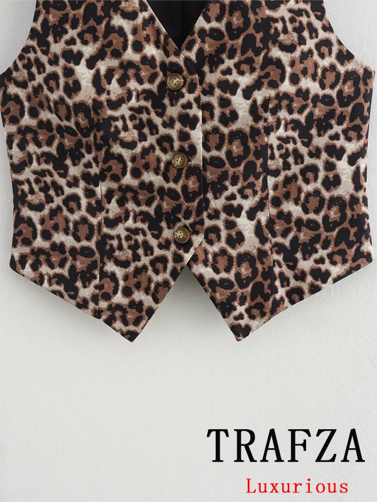 TRAFZA Vintage Casual Sexy Chic donna top Leopard scollo a v monopetto senza maniche gilet corto New Fashion 2024 Summer Tops