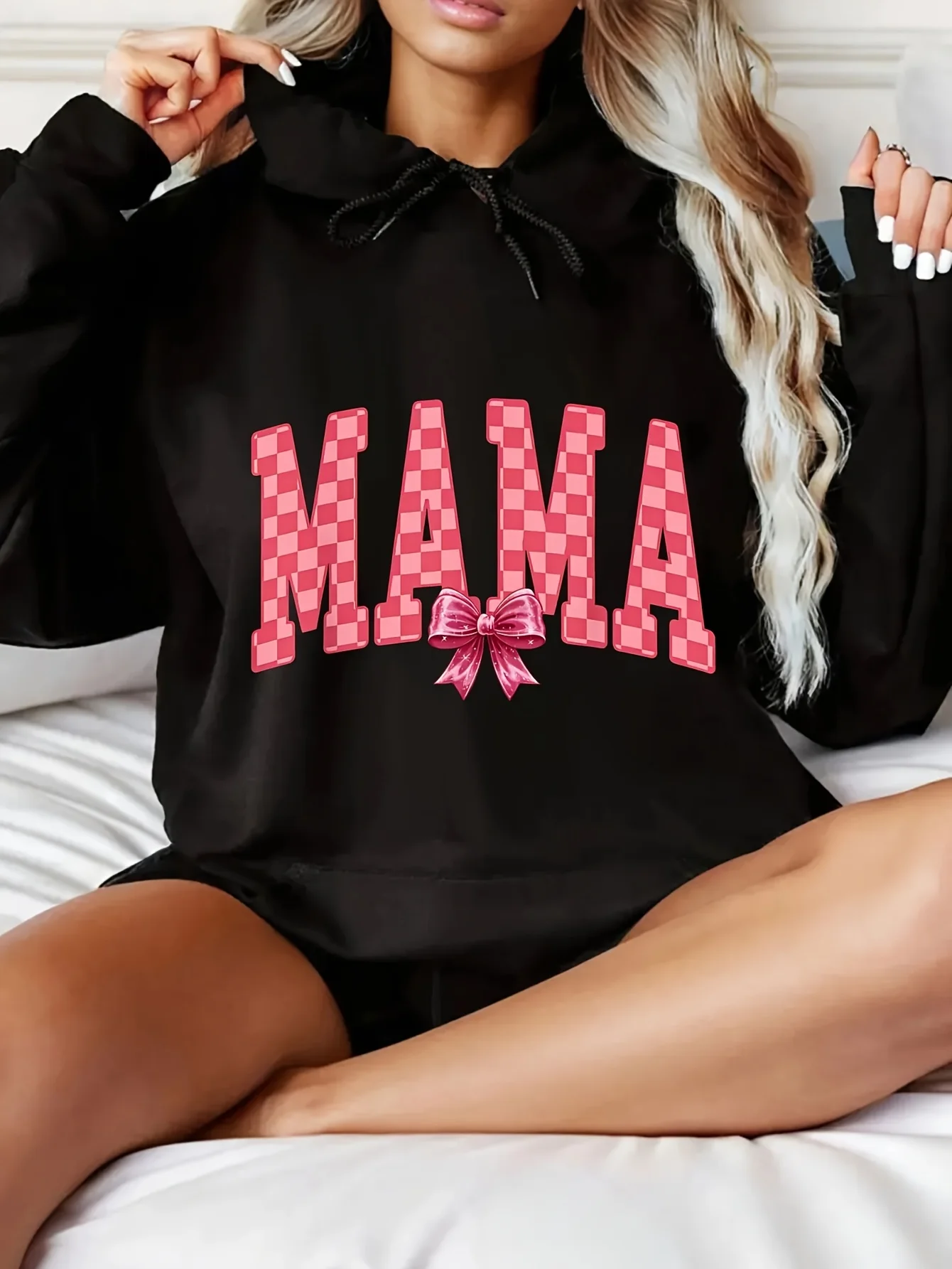 Women's Casual with Pink Checkered Print&bow Graphic-Autumn Winter Casual Attire,machine Washable Gift Idea, Gift for Moms