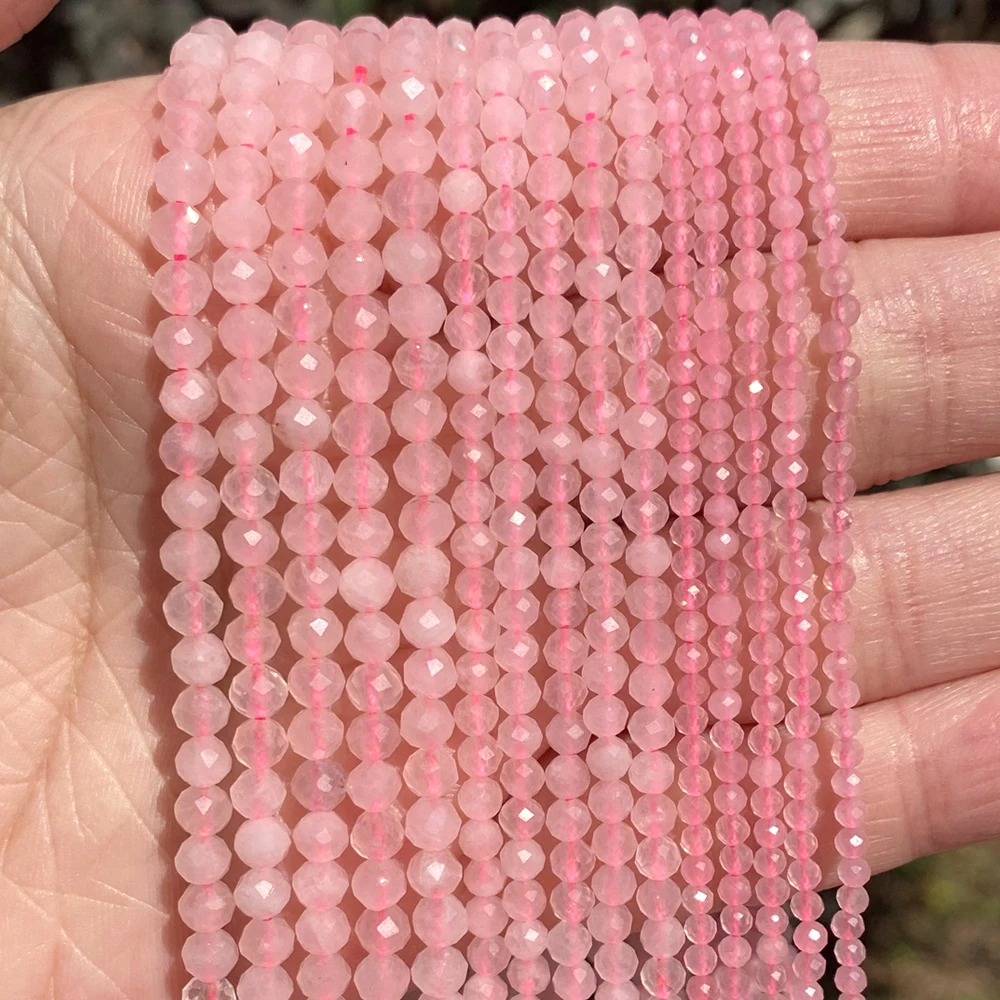 Cuentas espaciadoras sueltas redondas de cuarzo rosa facetado Natural, piedra preciosa, accesorios para la fabricación de joyas, pulsera hecha a mano, 2mm, 3mm, 4mm