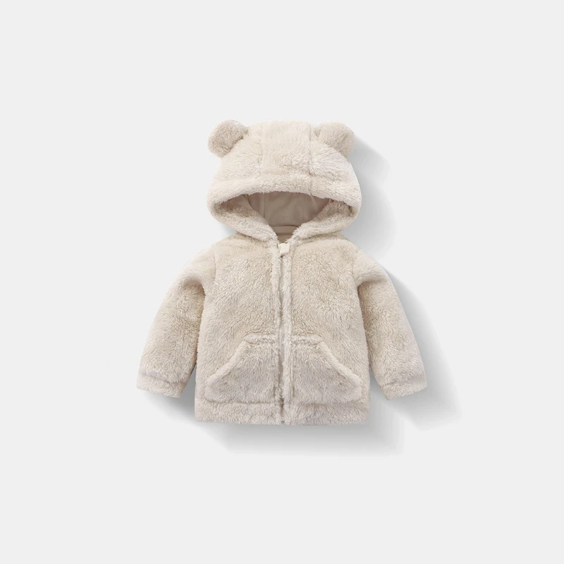 

2025 Winter New Children's Bear Ear Hoodie with Velvet Warm Zipper Fury Coat