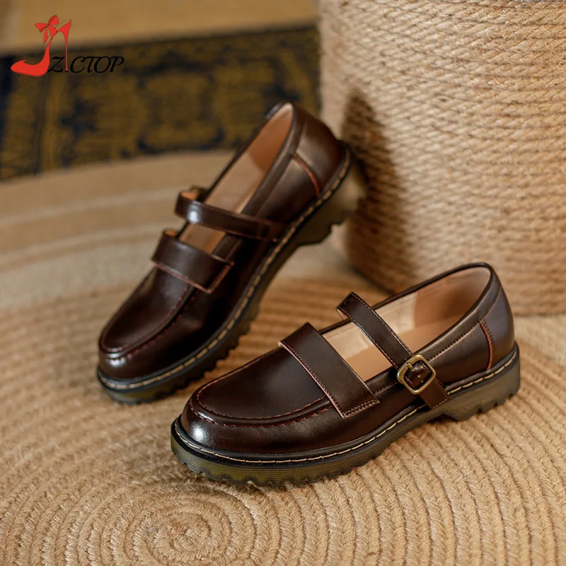 Retro Platform Mary Jane Lolita Shoes Women Chunky Heel Soft Bottom Flat Japanese School Jk Uniform Leather Shoes Brown Black