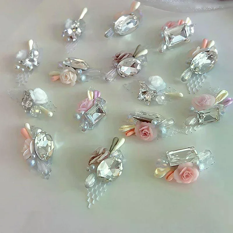 อุปกรณ์ตกแต่งเล็บ คริสตัล 3 มิติ หรูหราเบาๆ ลายลูกไม้ดอกไม้ ประดับเล็บ ทำเล็บ